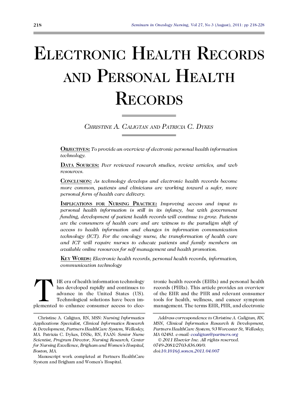 Electronic Health Records and Personal Health Records 