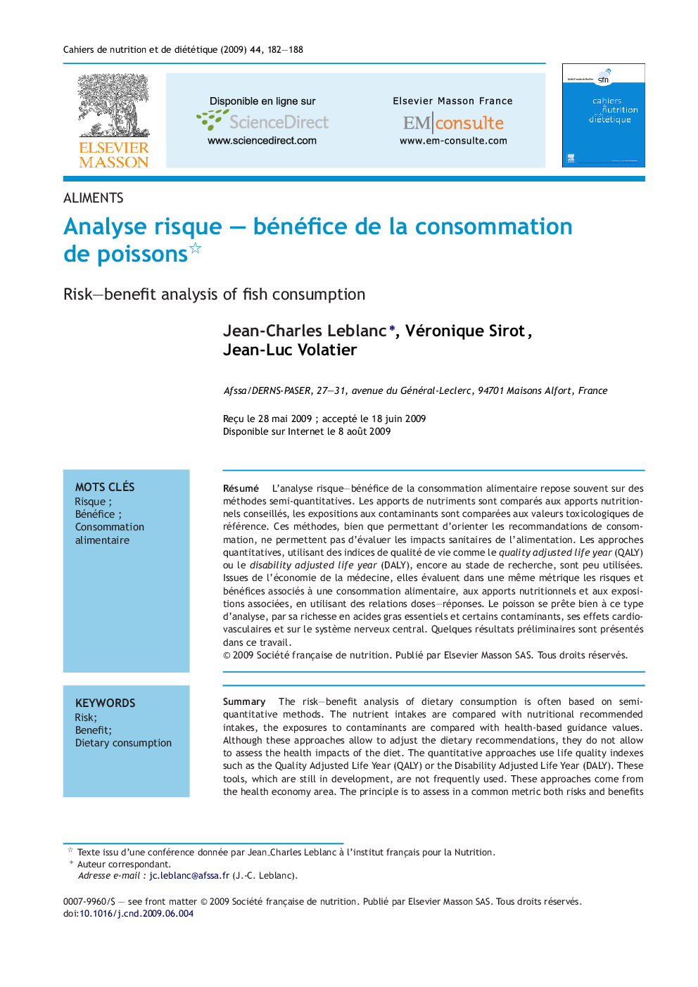 Analyse risque - bénéfice de la consommation de poissons