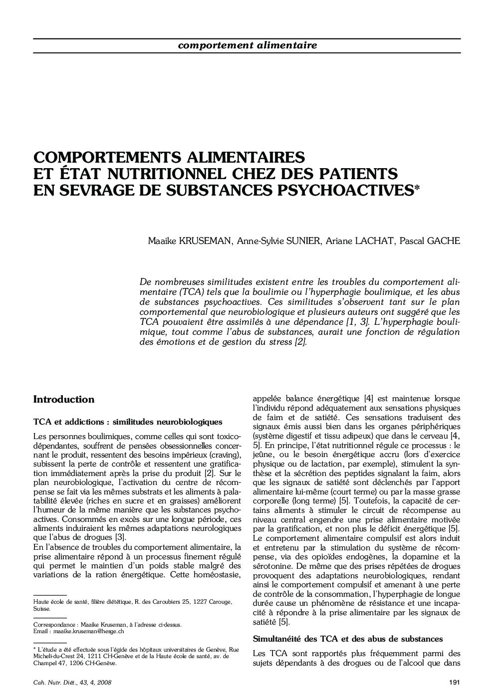 Comportements alimentaires et état nutritionnel chez des patients en sevrage de substances psychoactives*