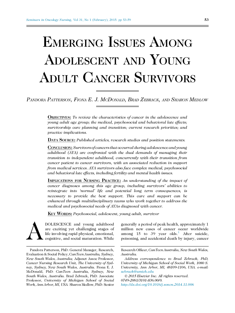 Emerging Issues Among Adolescent and Young Adult Cancer Survivors