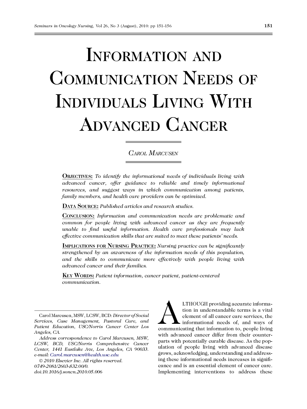 Information and Communication Needs of Individuals Living With Advanced Cancer