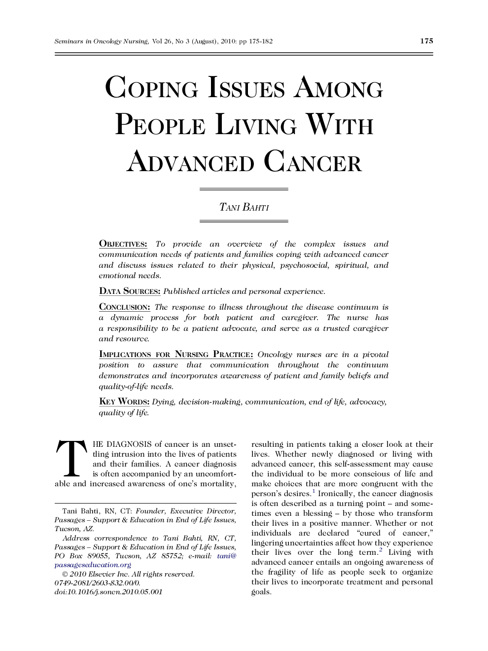 Coping Issues Among People Living With Advanced Cancer