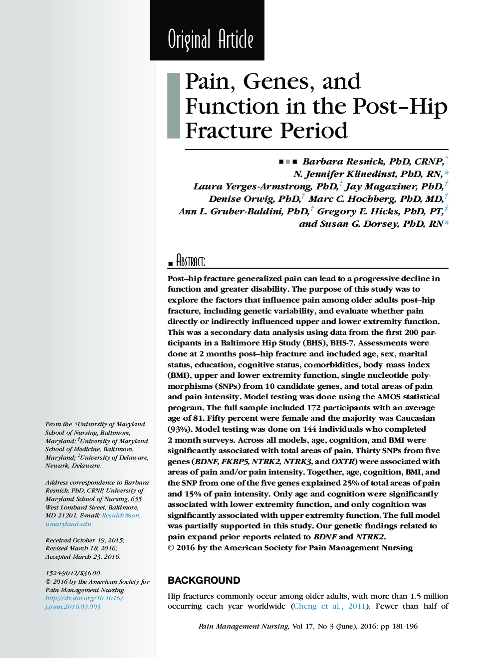 Pain, Genes, and Function in the Post–Hip Fracture Period