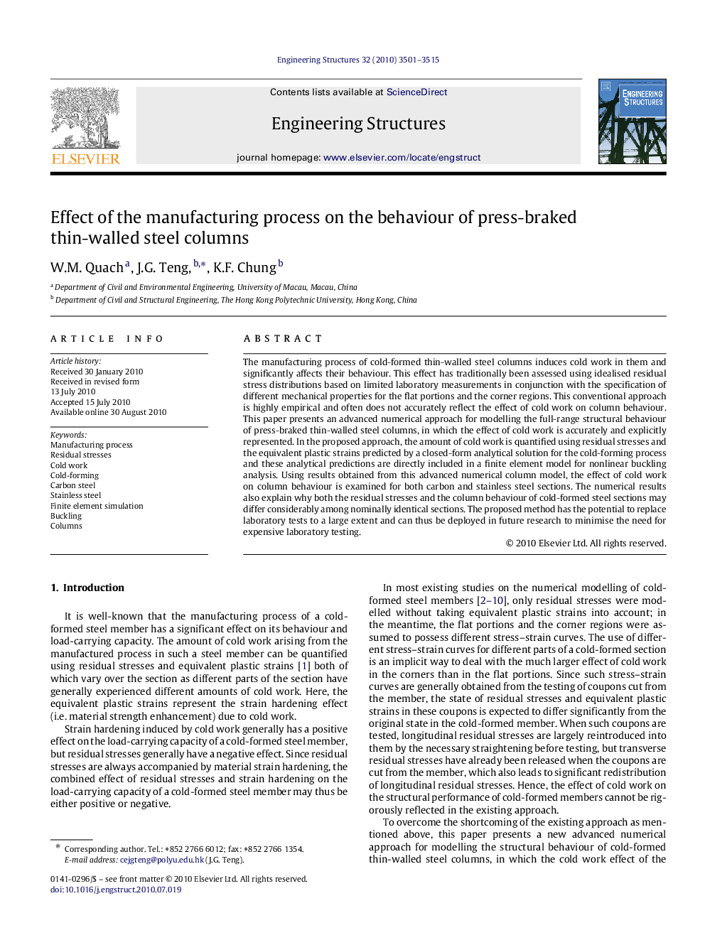 Effect of the manufacturing process on the behaviour of press-braked thin-walled steel columns