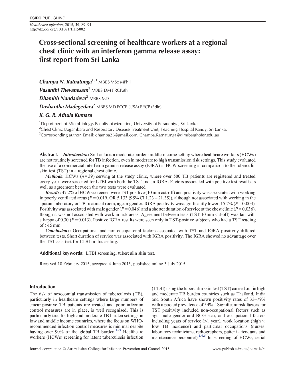 Cross-sectional screening of healthcare workers at a regional chest clinic with an interferon gamma release assay: first report from Sri Lanka