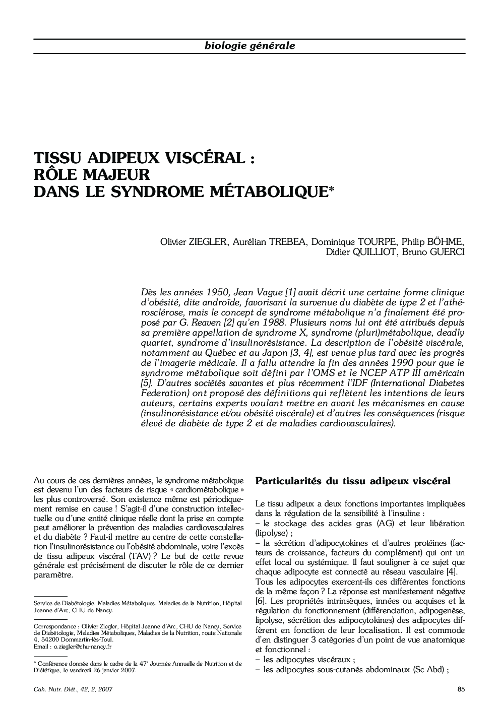 Tissu adipeux viscéral : rÃ´le majeur dans le syndrome métabolique