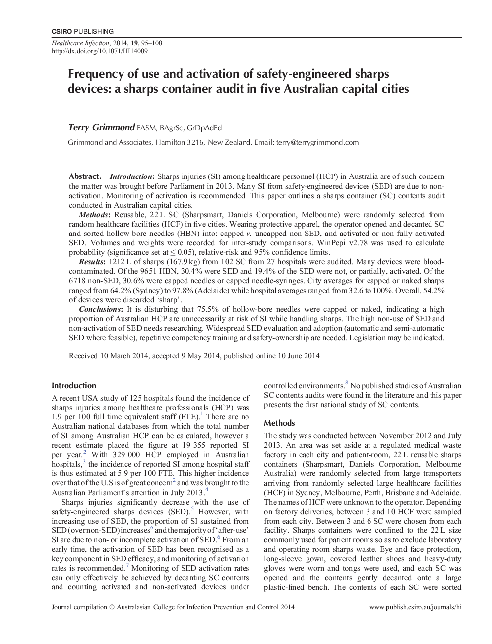 Frequency of use and activation of safety-engineered sharps devices: a sharps container audit in five Australian capital cities