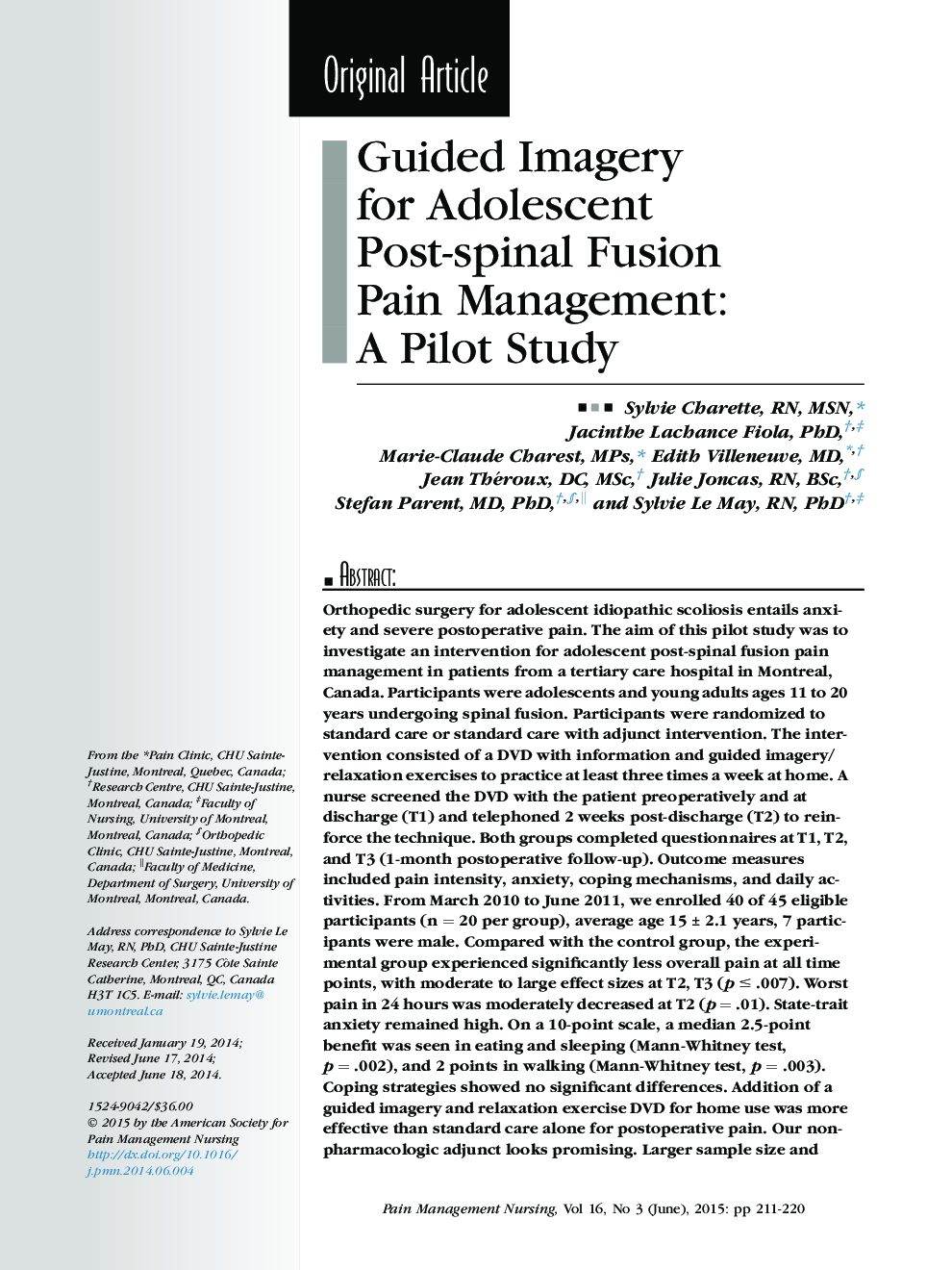 Guided Imagery for Adolescent Post-spinal Fusion Pain Management: A Pilot Study