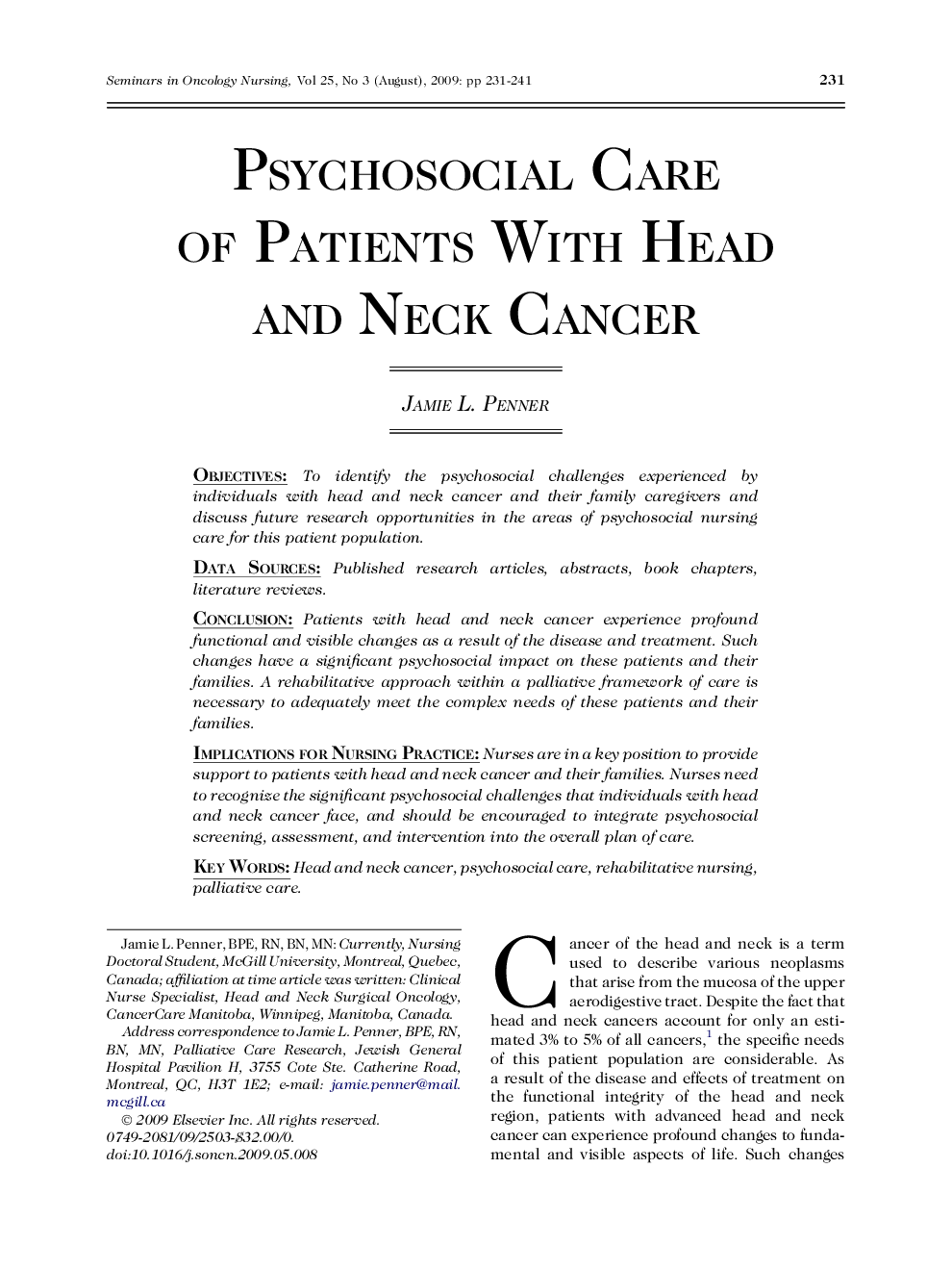 Psychosocial Care of Patients with Head and Neck Cancer