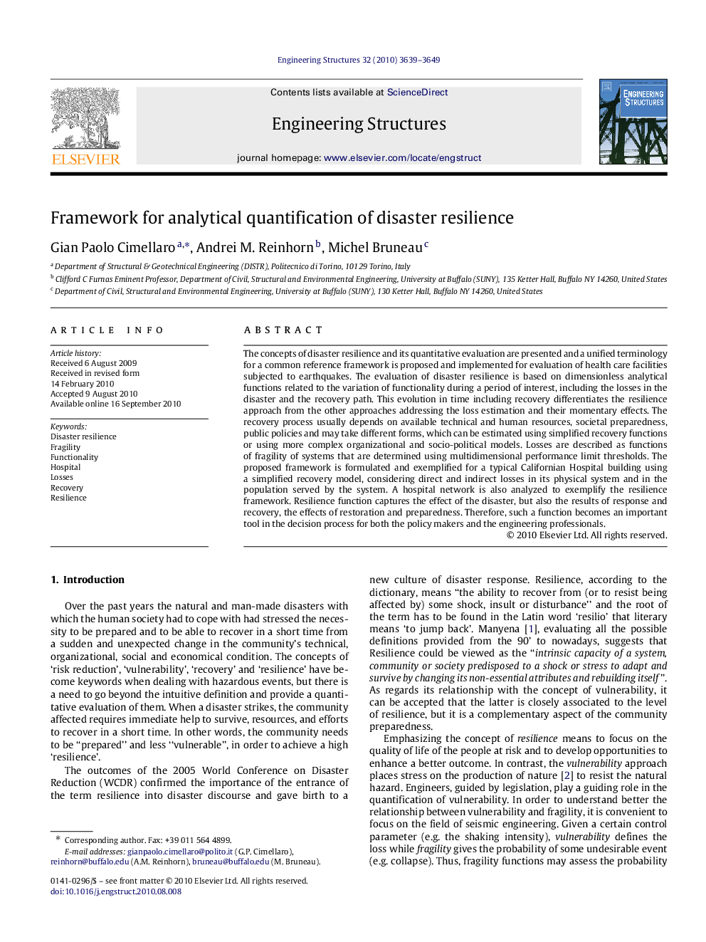 Framework for analytical quantification of disaster resilience