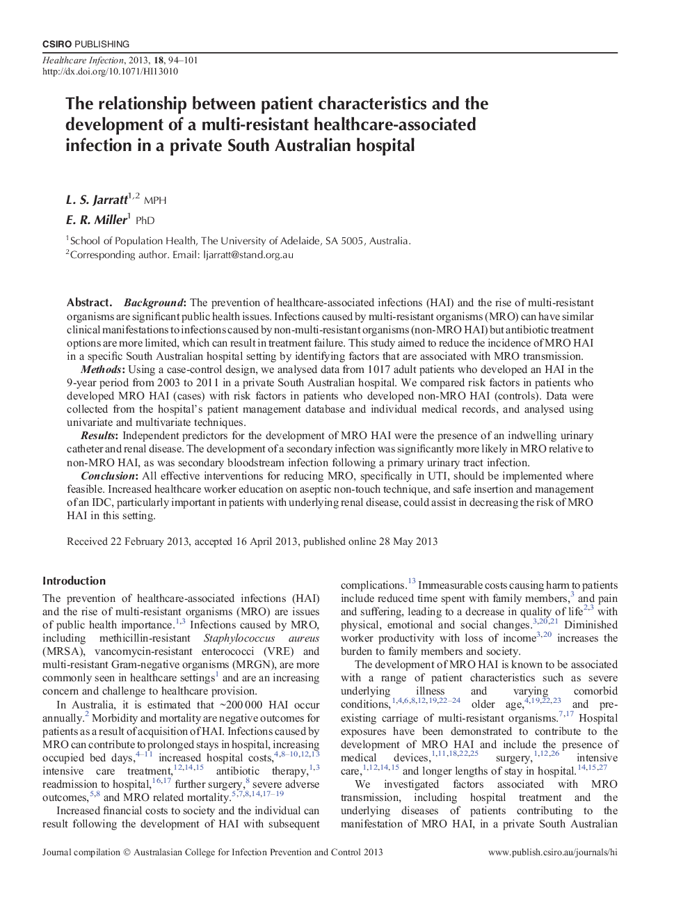 The relationship between patient characteristics and the development of a multi-resistant healthcare-associated infection in a private South Australian hospital