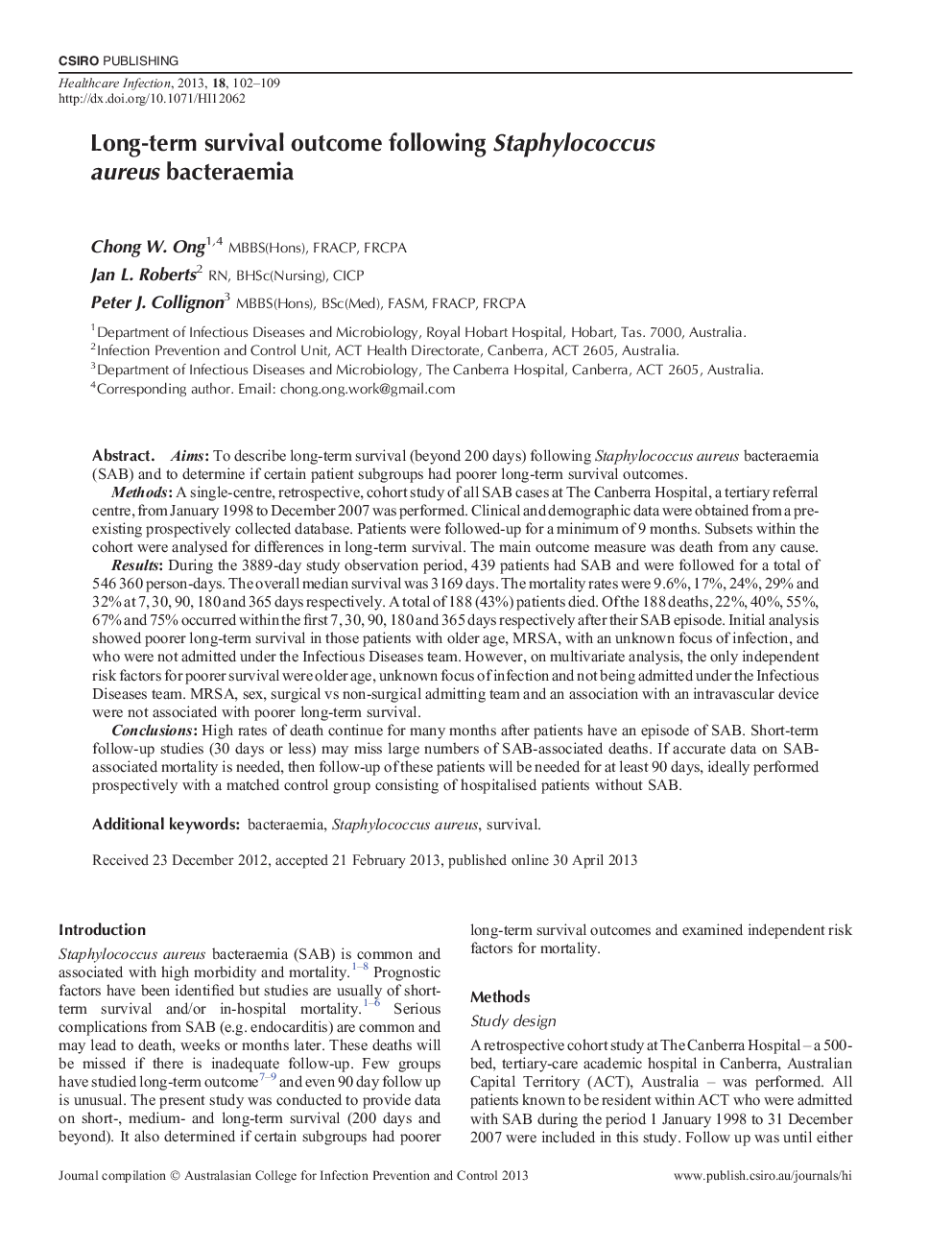 Long-term survival outcome following Staphylococcus aureus bacteraemia