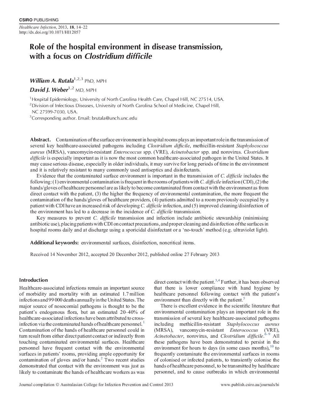 Role of the hospital environment in disease transmission, with a focus on Clostridium difficile