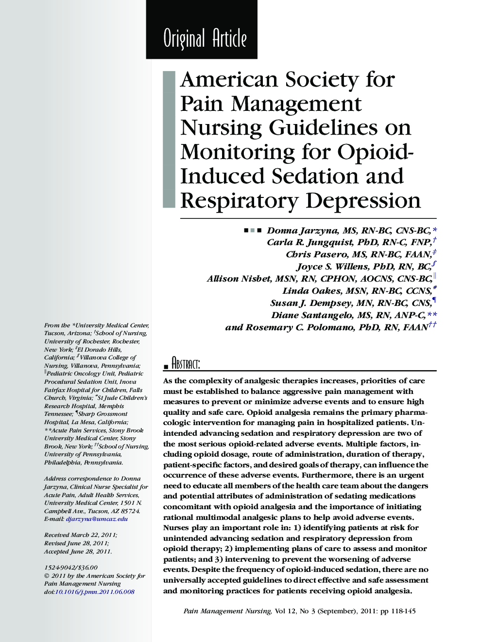 عکس صفحه اول مقاله: American Society for Pain Management Nursing Guidelines on Monitoring for Opioid-Induced Sedation and Respiratory Depression American Society for Pain Management Nursing Guidelines on Monitoring for Opioid-Induced Sedation and Respiratory Depression