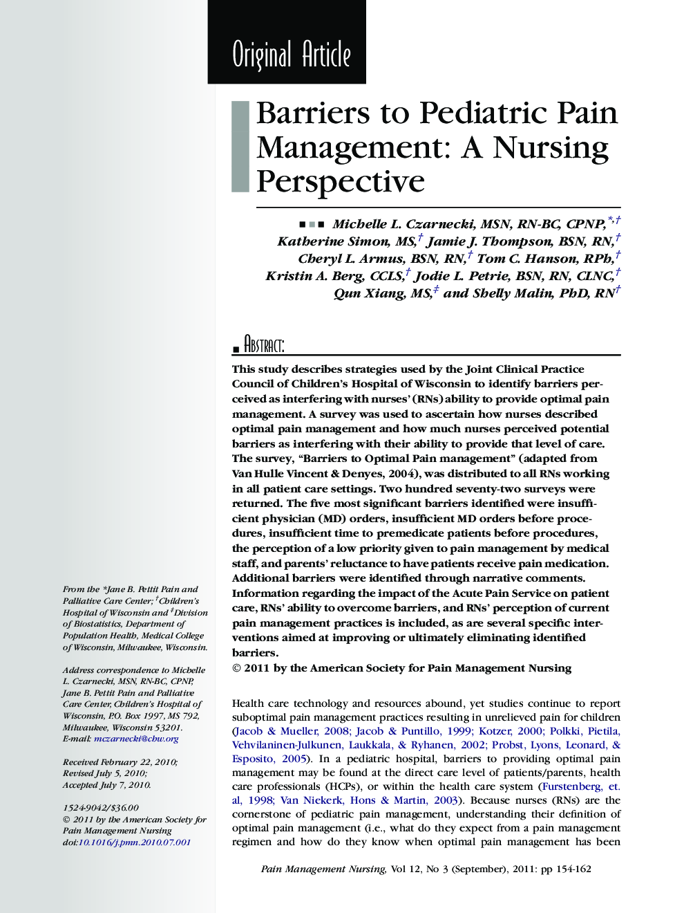 Barriers to Pediatric Pain Management: A Nursing Perspective