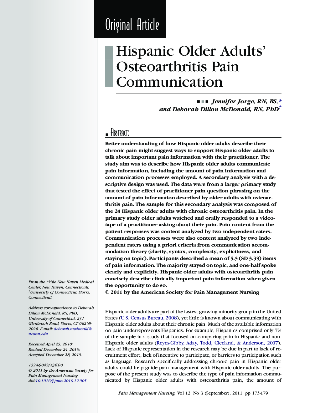 Hispanic Older Adults’ Osteoarthritis Pain Communication