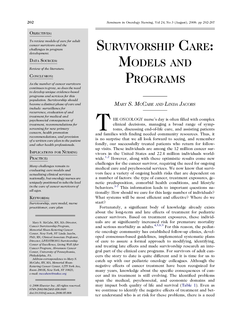 Survivorship Care: Models and Programs