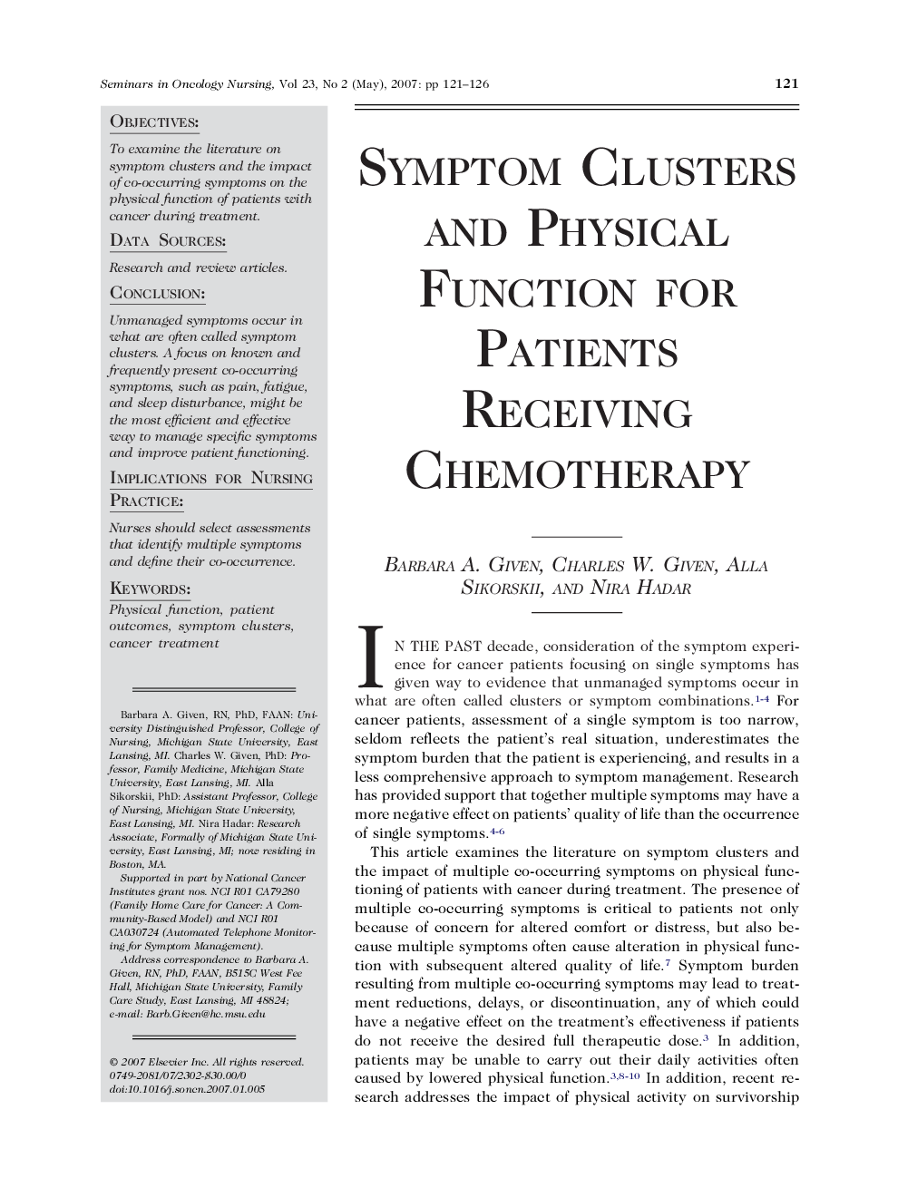 Symptom Clusters and Physical Function for Patients Receiving Chemotherapy 