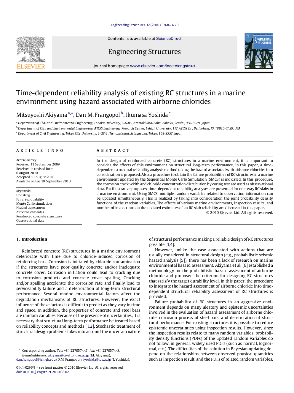 Time-dependent reliability analysis of existing RC structures in a marine environment using hazard associated with airborne chlorides