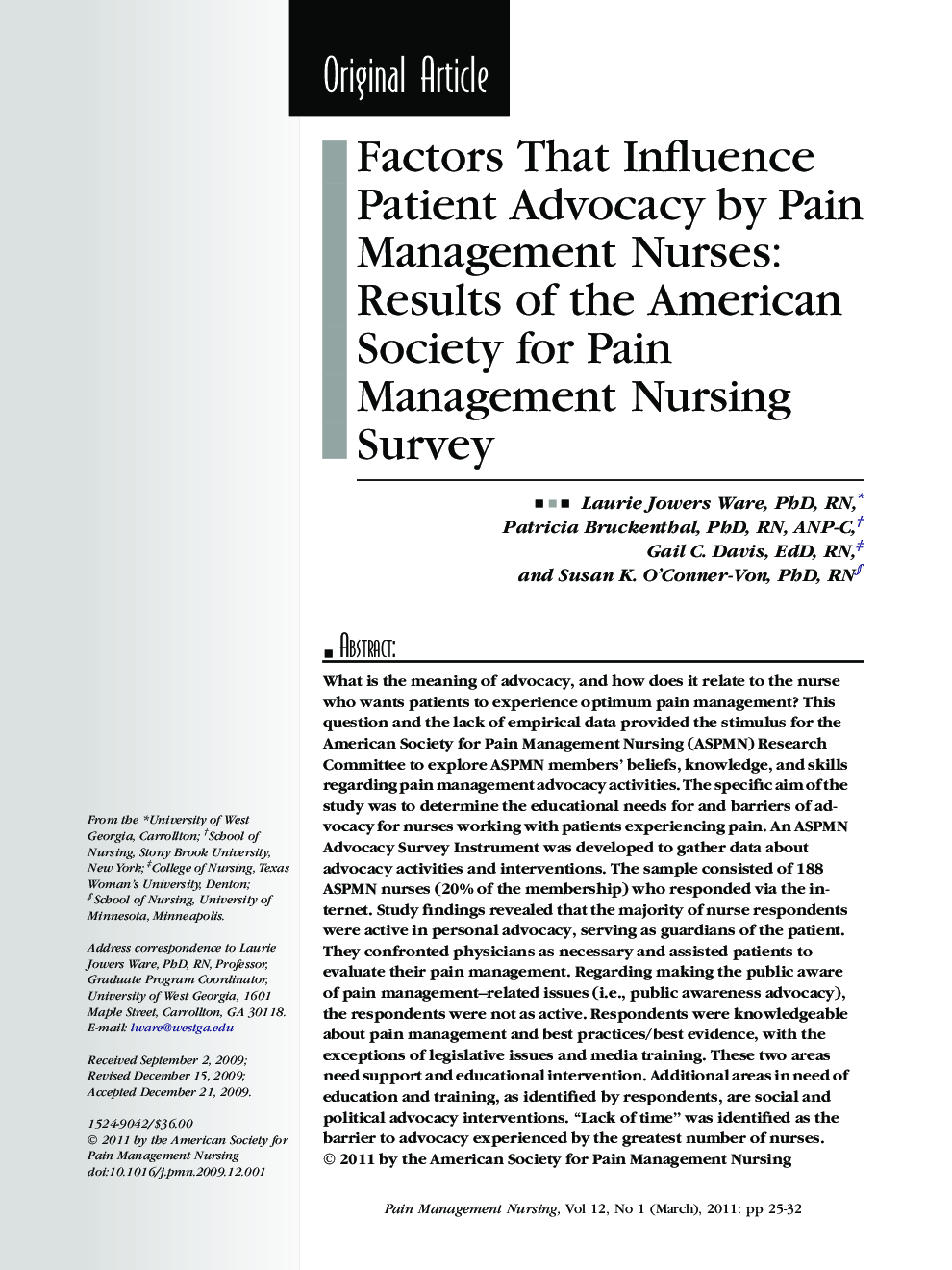 Factors That Influence Patient Advocacy by Pain Management Nurses: Results of the American Society for Pain Management Nursing Survey