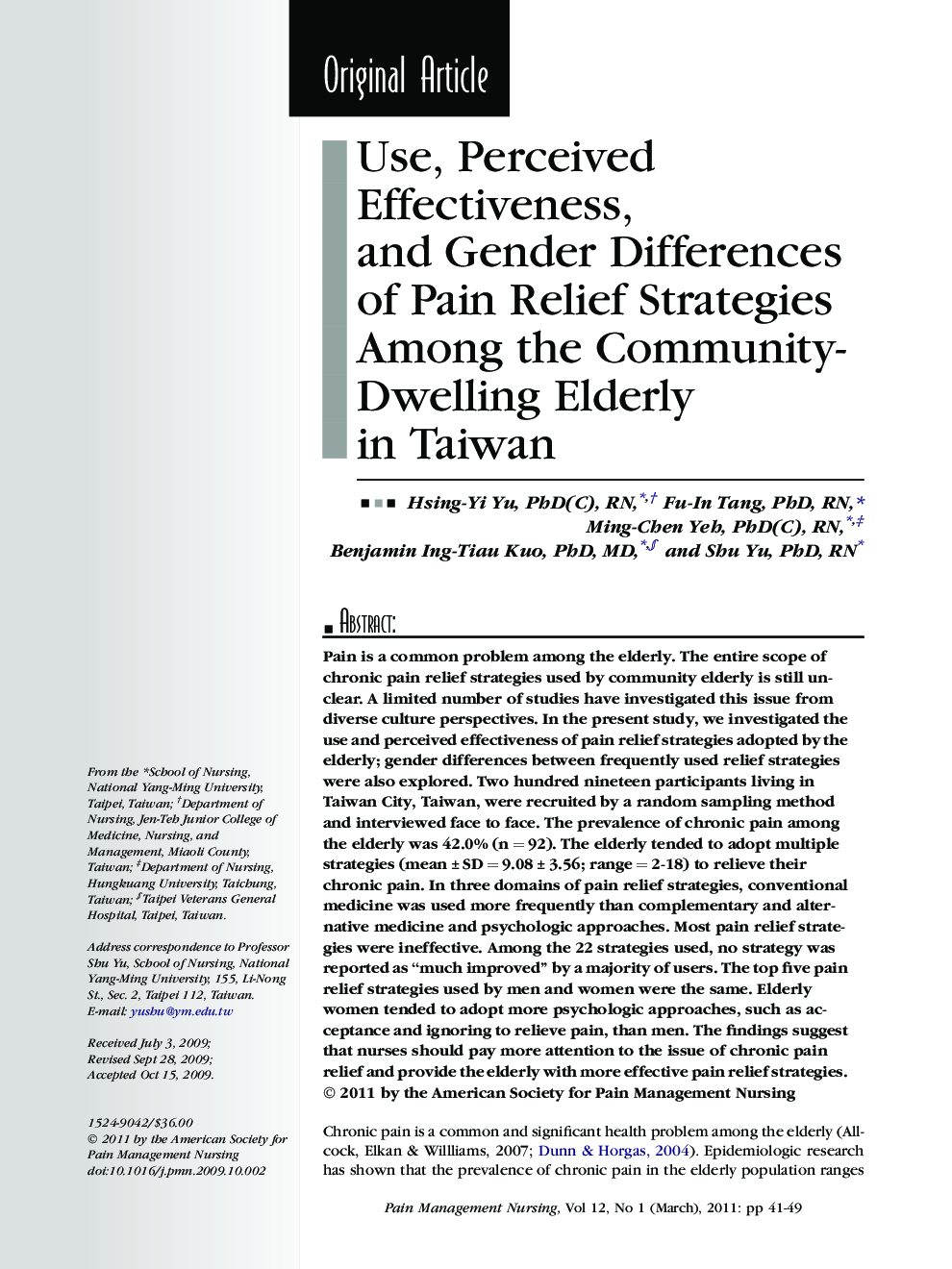 Use, Perceived Effectiveness, and Gender Differences of Pain Relief Strategies Among the Community-Dwelling Elderly in Taiwan
