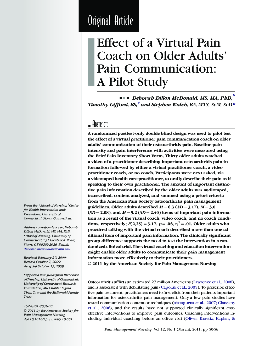 Effect of a Virtual Pain Coach on Older Adults' Pain Communication: A Pilot Study 