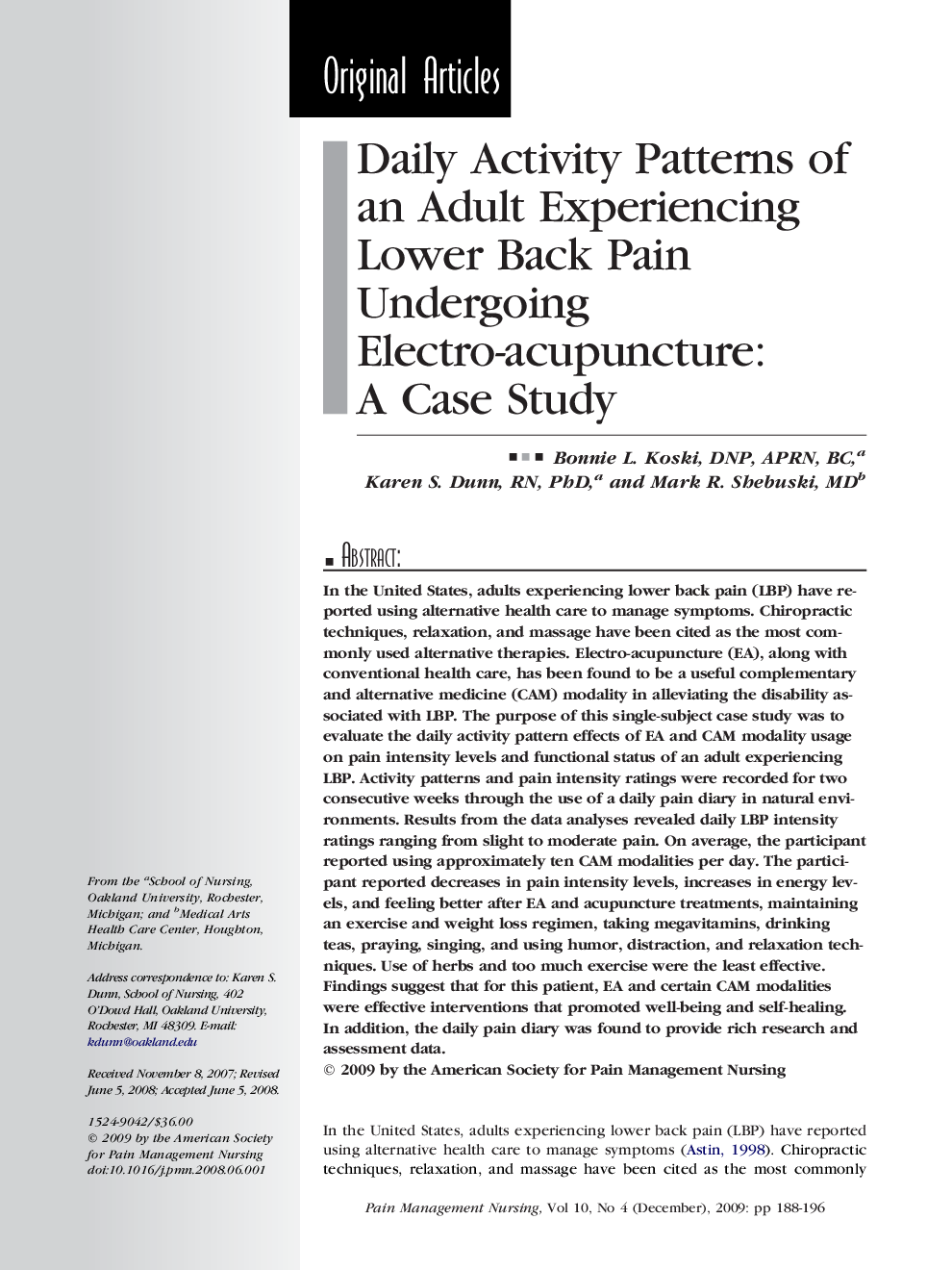 Daily Activity Patterns of an Adult Experiencing Lower Back Pain Undergoing Electro-acupuncture: A Case Study
