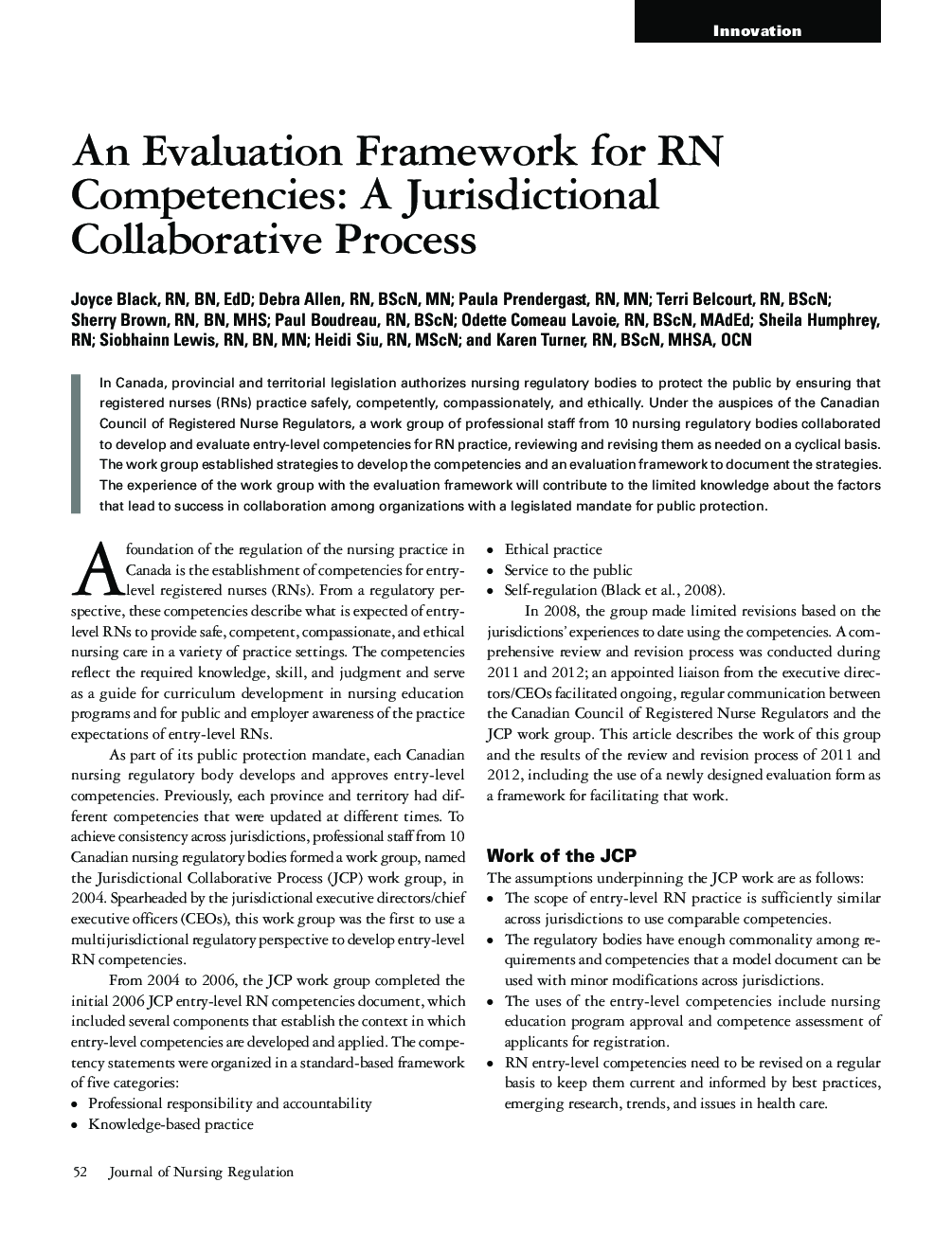 An Evaluation Framework for RN Competencies: A Jurisdictional Collaborative Process