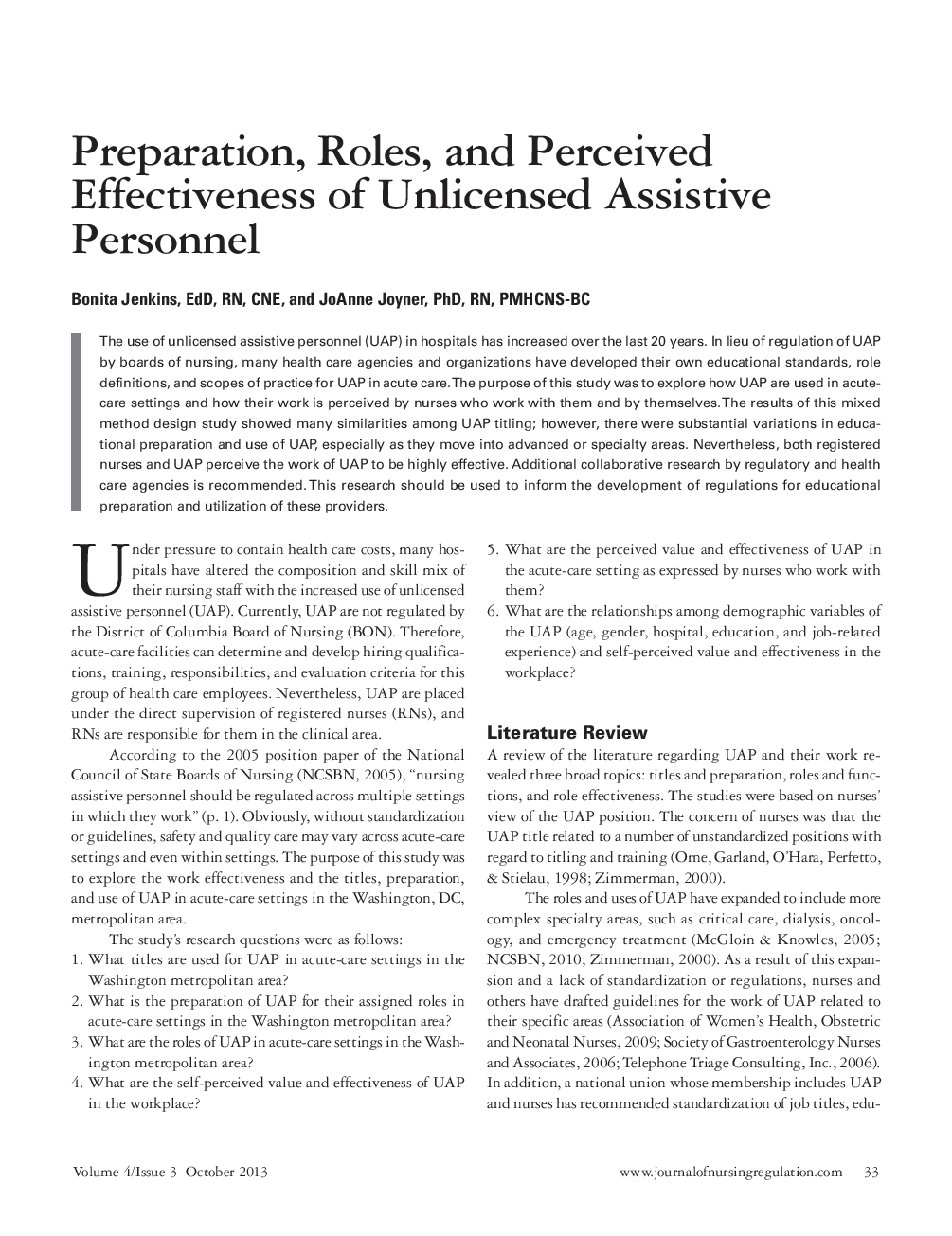 عکس صفحه اول مقاله: Preparation, Roles, and Perceived Effectiveness of Unlicensed Assistive Personnel Preparation, Roles, and Perceived Effectiveness of Unlicensed Assistive Personnel
