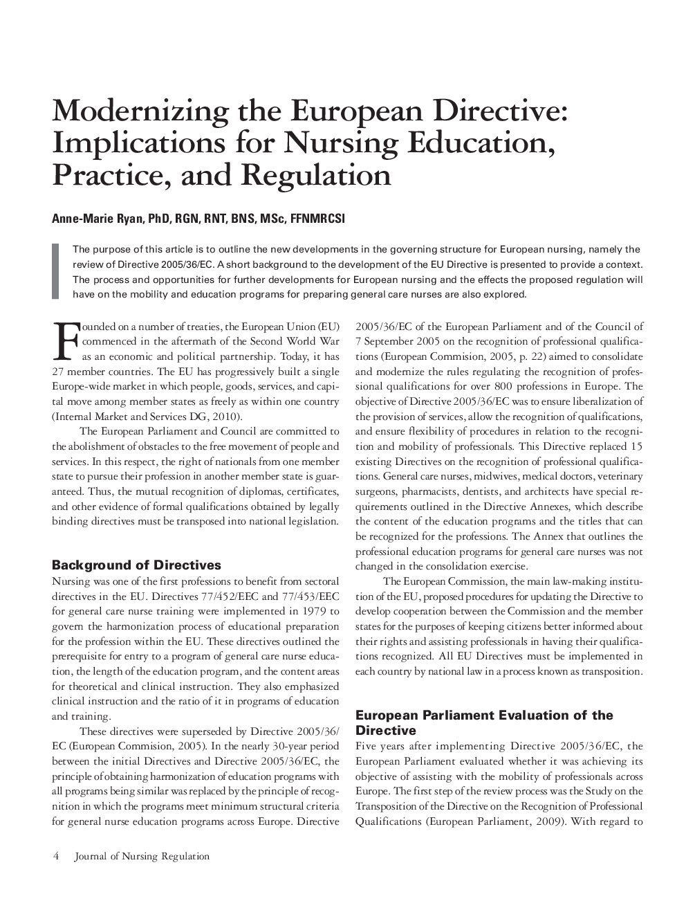 عکس صفحه اول مقاله: Modernizing the European Directive: Implications for Nursing Education, Practice, and Regulation Modernizing the European Directive: Implications for Nursing Education, Practice, and Regulation