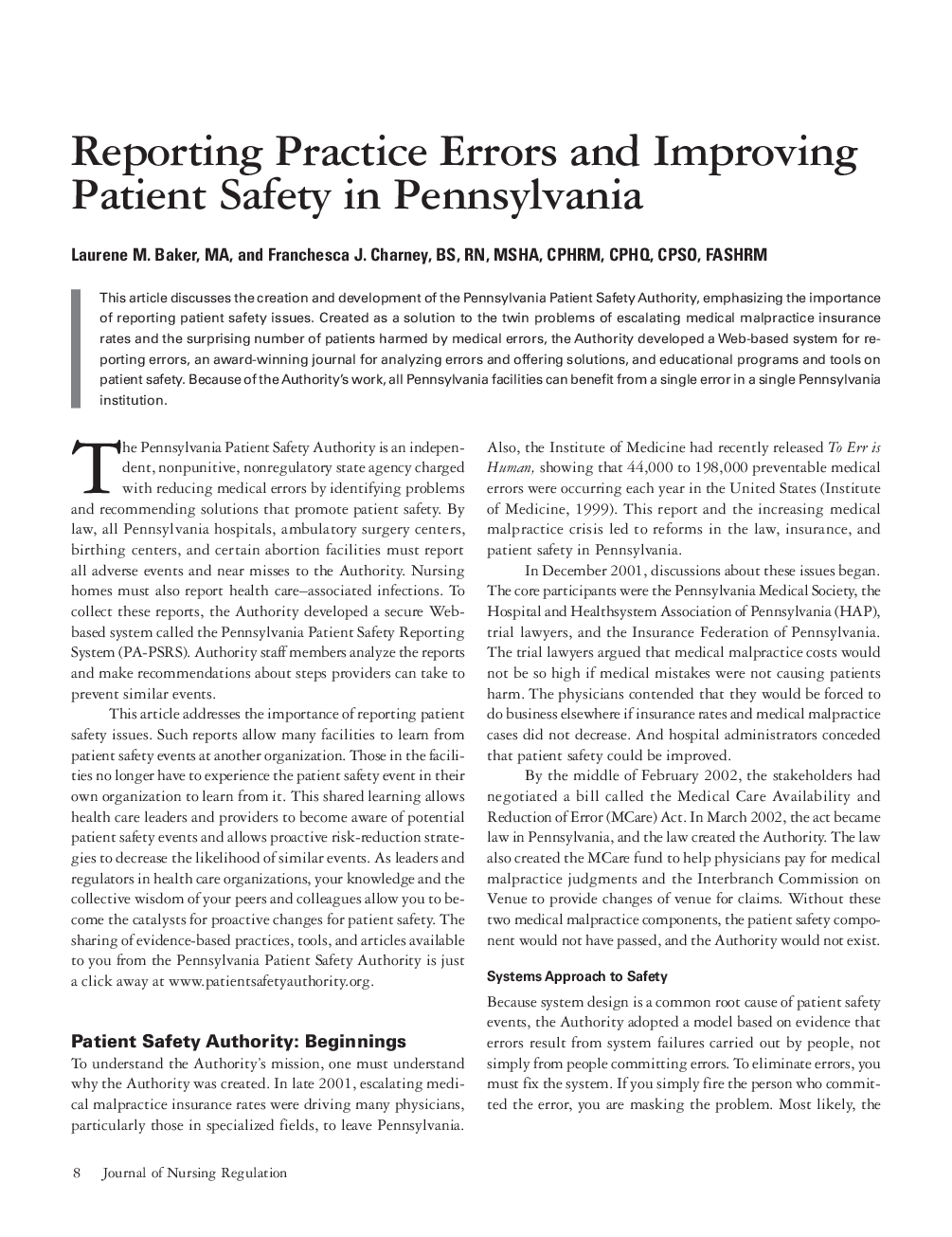 عکس صفحه اول مقاله: Reporting Practice Errors and Improving Patient Safety in Pennsylvania Reporting Practice Errors and Improving Patient Safety in Pennsylvania