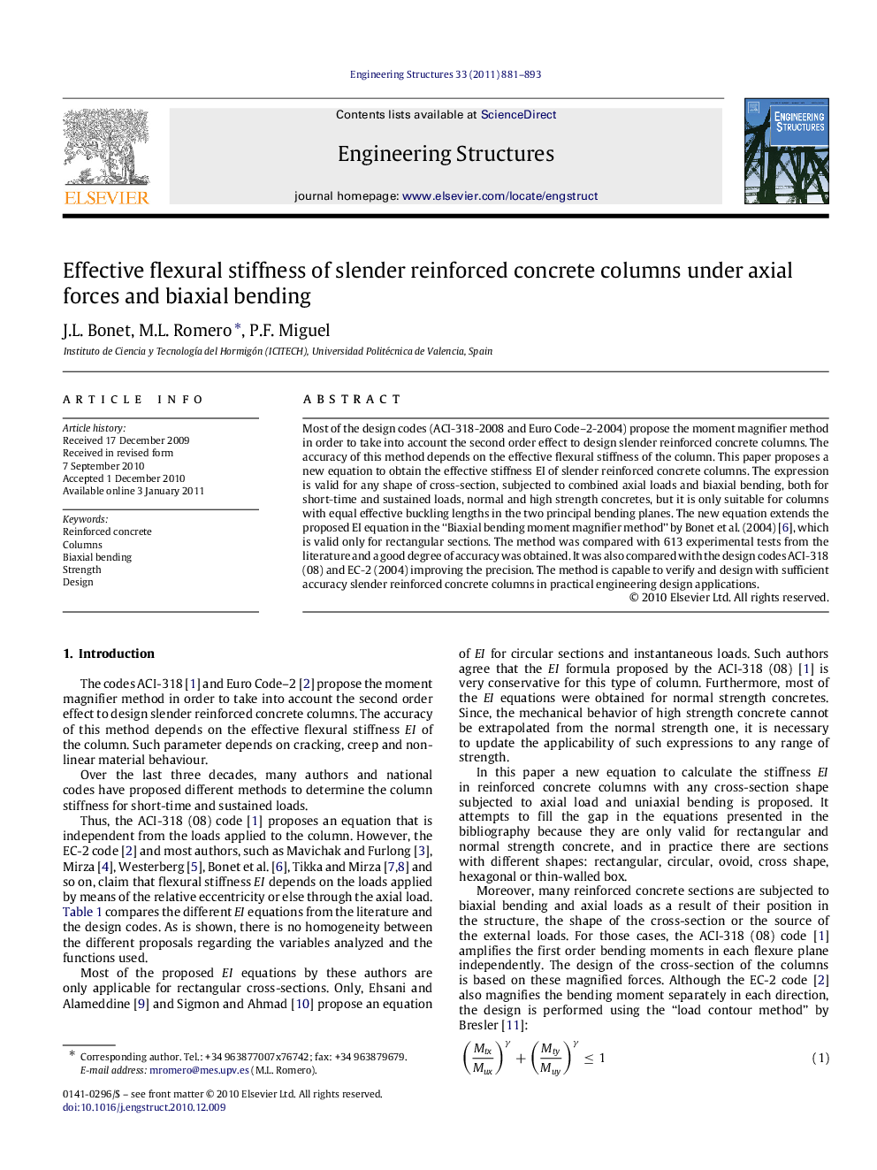 Effective flexural stiffness of slender reinforced concrete columns under axial forces and biaxial bending