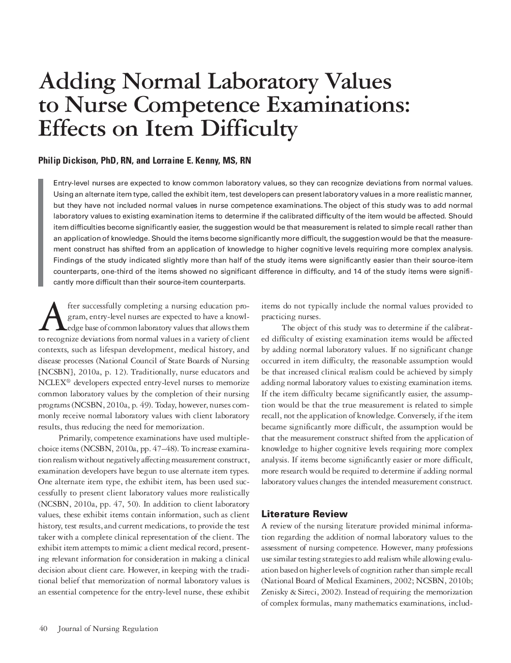 عکس صفحه اول مقاله: Adding Normal Laboratory Values to Nurse Competence Examinations: Effects on Item Difficulty Adding Normal Laboratory Values to Nurse Competence Examinations: Effects on Item Difficulty