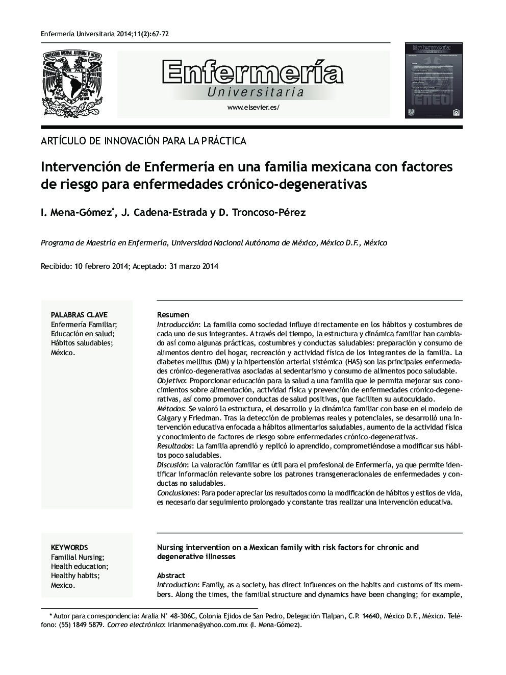 Intervención de Enfermería en una familia mexicana con factores de riesgo para enfermedades crónico-degenerativas