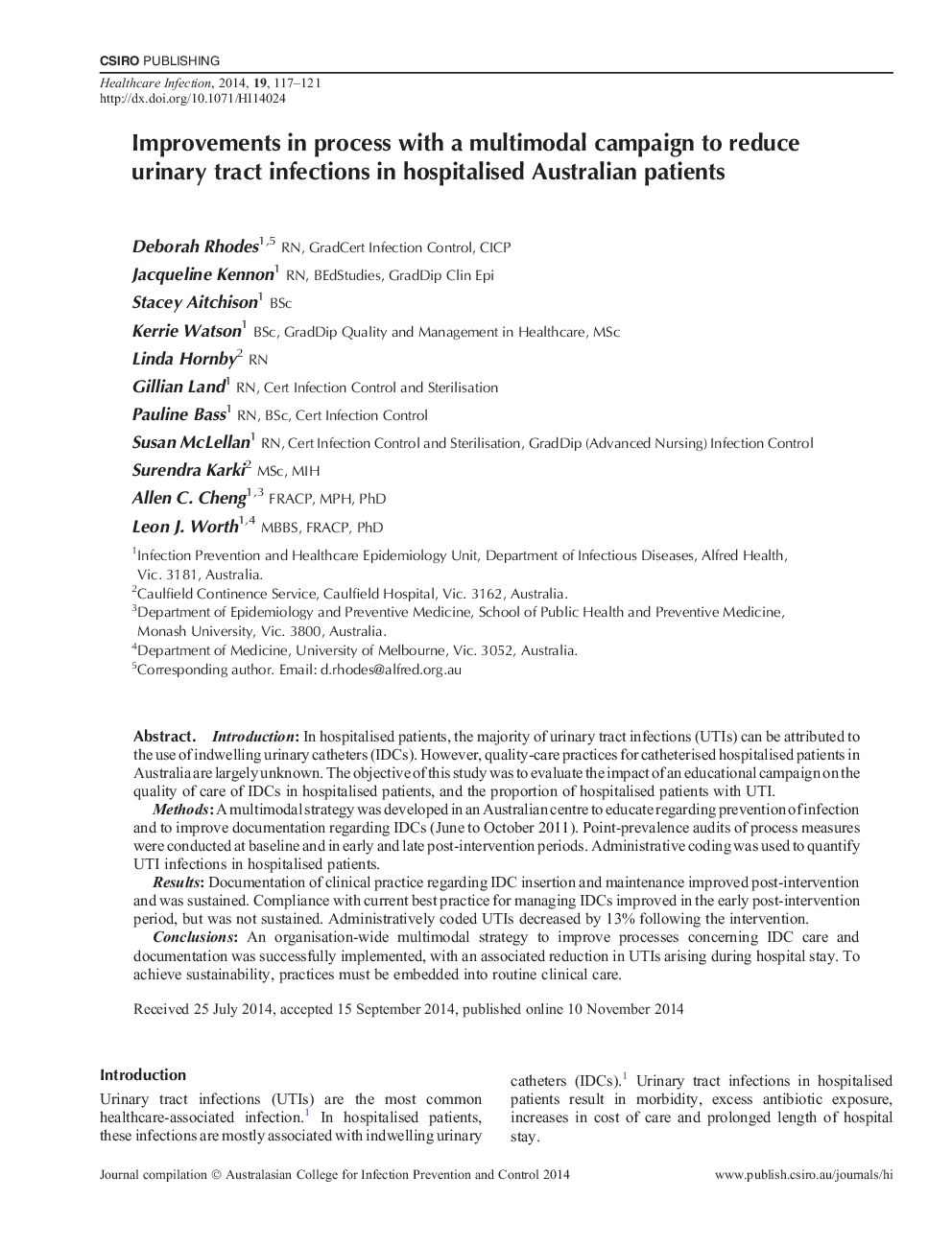 Improvements in process with a multimodal campaign to reduce urinary tract infections in hospitalised Australian patients