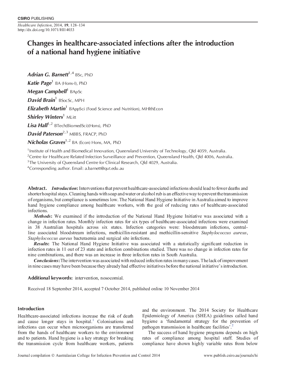 Changes in healthcare-associated infections after the introduction of a national hand hygiene initiative