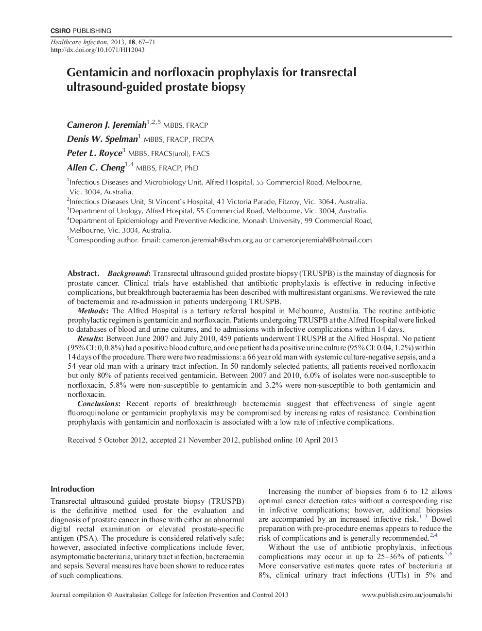 Gentamicin and norfloxacin prophylaxis for transrectal ultrasound-guided prostate biopsy