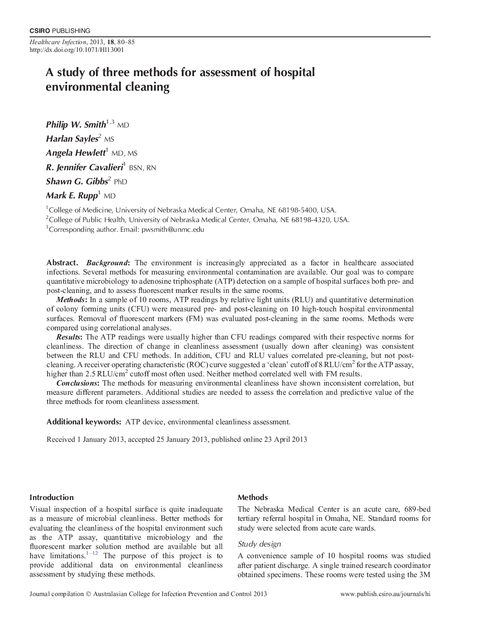 A study of three methods for assessment of hospital environmental cleaning