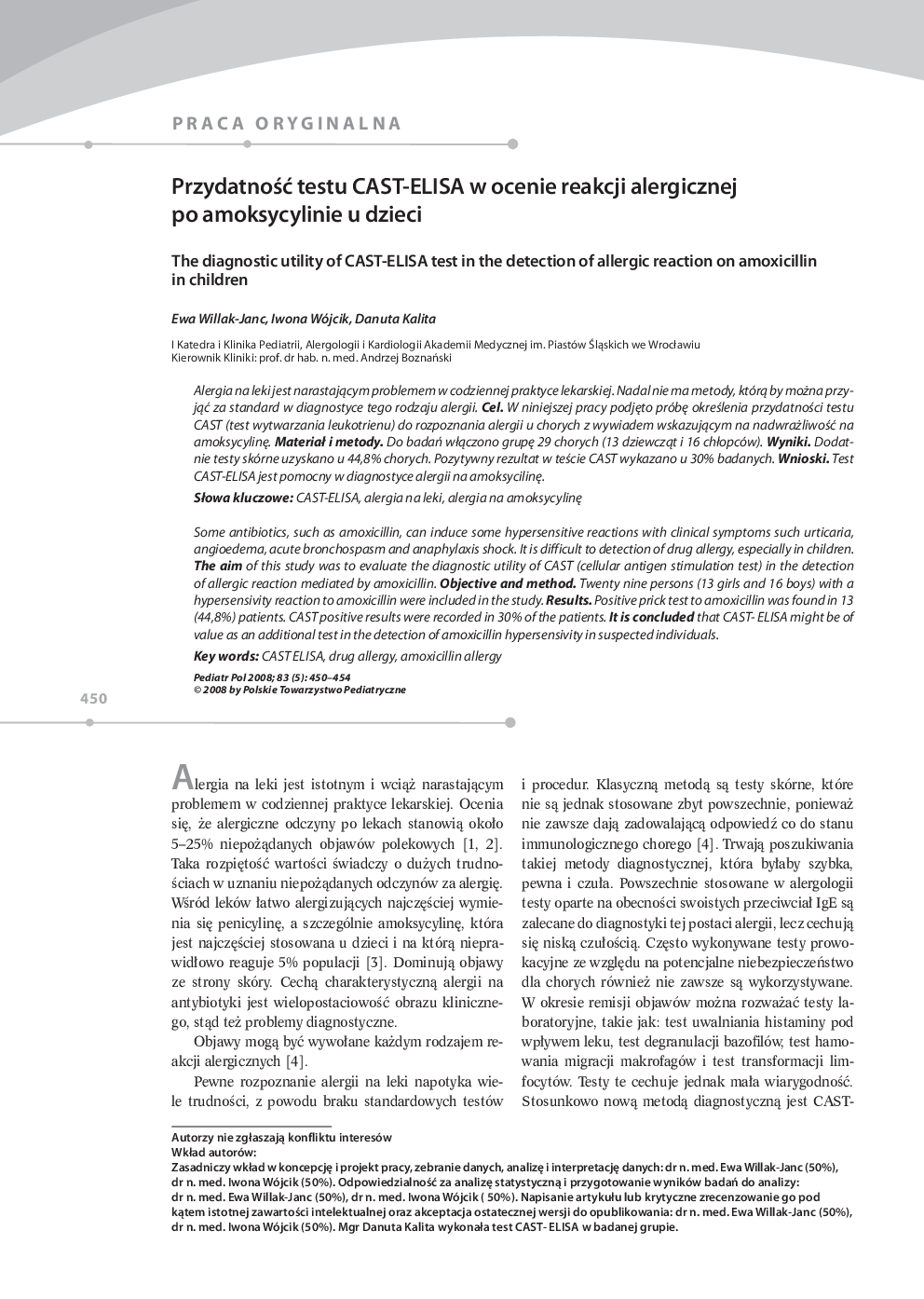 PrzydatnoÅÄ testu CAST-ELISA w ocenie reakcji alergicznej po amoksycylinie u dzieci