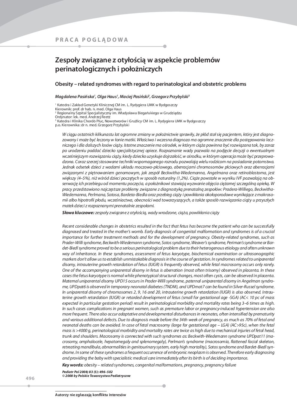 ZespoÅy zwiÄzane z otyÅoÅciÄ w aspekcie problemów perinatologicznych i poÅoÅ¼niczych