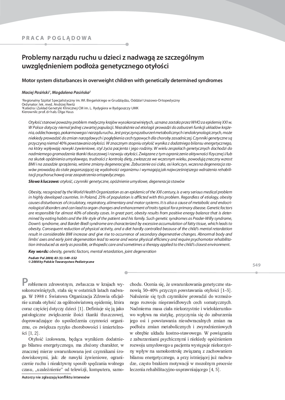 Problemy narzÄdu ruchu u dzieci z nadwagÄ ze szczególnym uwzglÄdnieniem podÅoÅ¼a genetycznego otyÅoÅci
