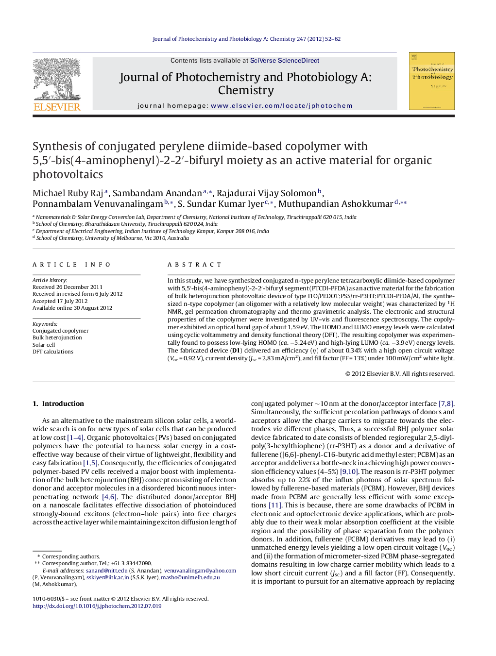 Synthesis of conjugated perylene diimide-based copolymer with 5,5′-bis(4-aminophenyl)-2-2′-bifuryl moiety as an active material for organic photovoltaics