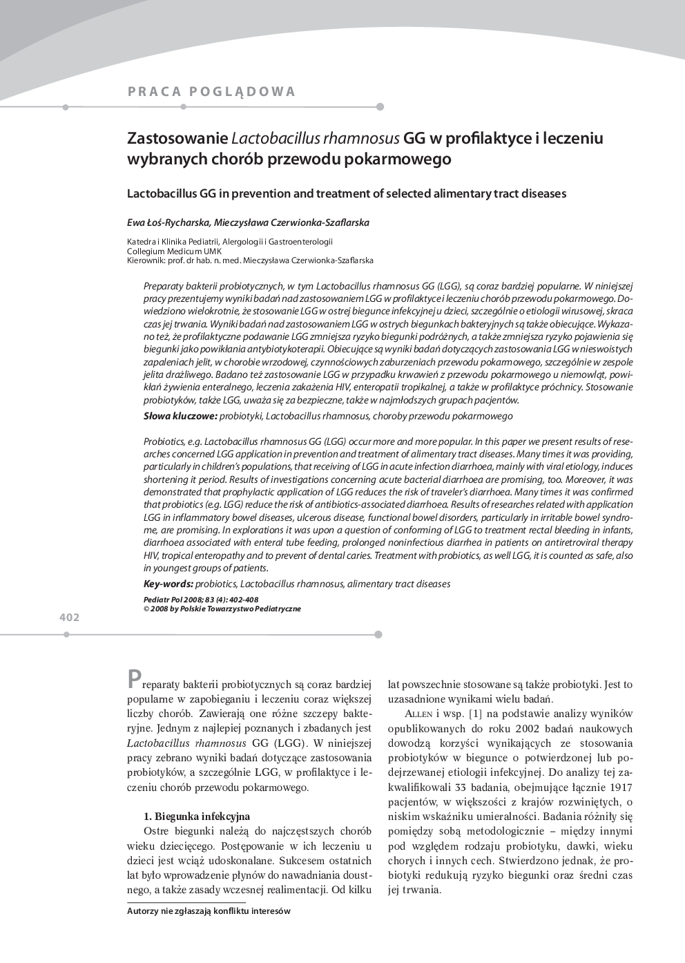 Zastosowanie Lactobacillus rhamnosus GG w profilaktyce i leczeniu wybranych chorób przewodu pokarmowego