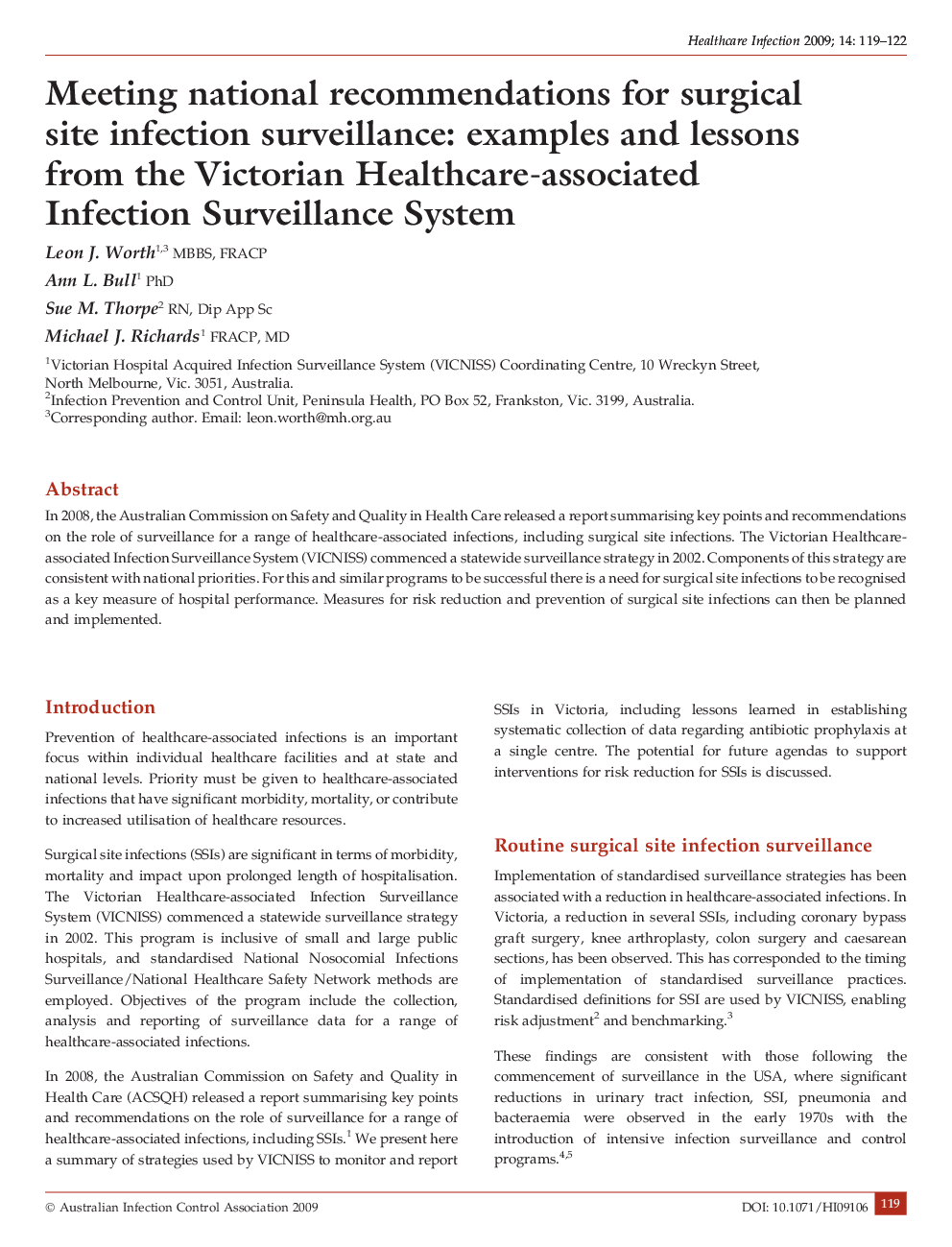 Meeting national recommendations for surgical site infection surveillance: examples and lessons from the Victorian Healthcare-associated Infection Surveillance System