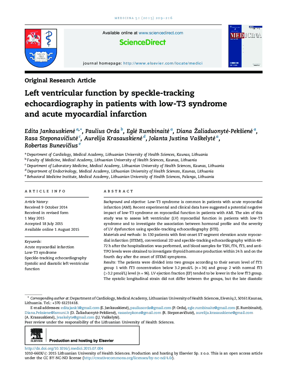 Left ventricular function by speckle-tracking echocardiography in patients with low-T3 syndrome and acute myocardial infarction 