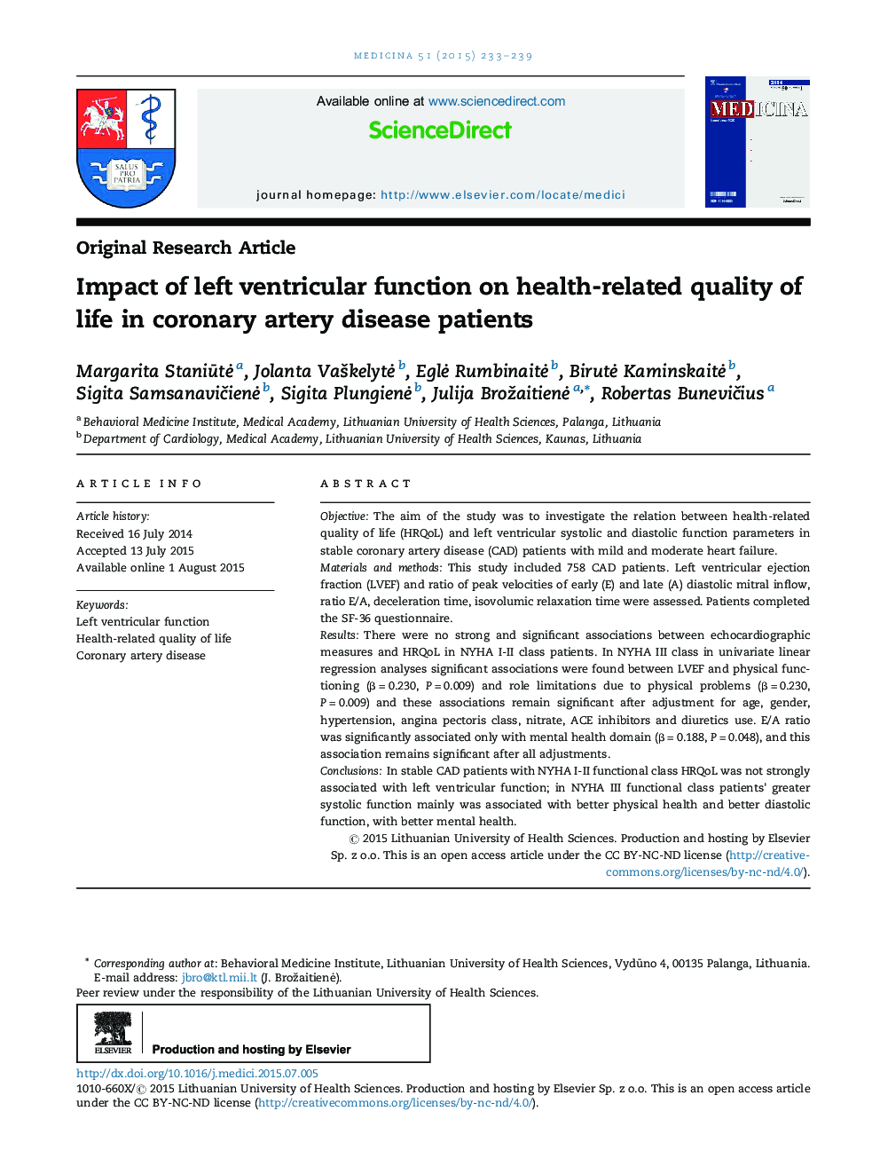تأثیر عملکرد بطن چپ بر کیفیت زندگی مرتبط با سلامت در بیماران مبتلا به بیماری عروق کرونر 
