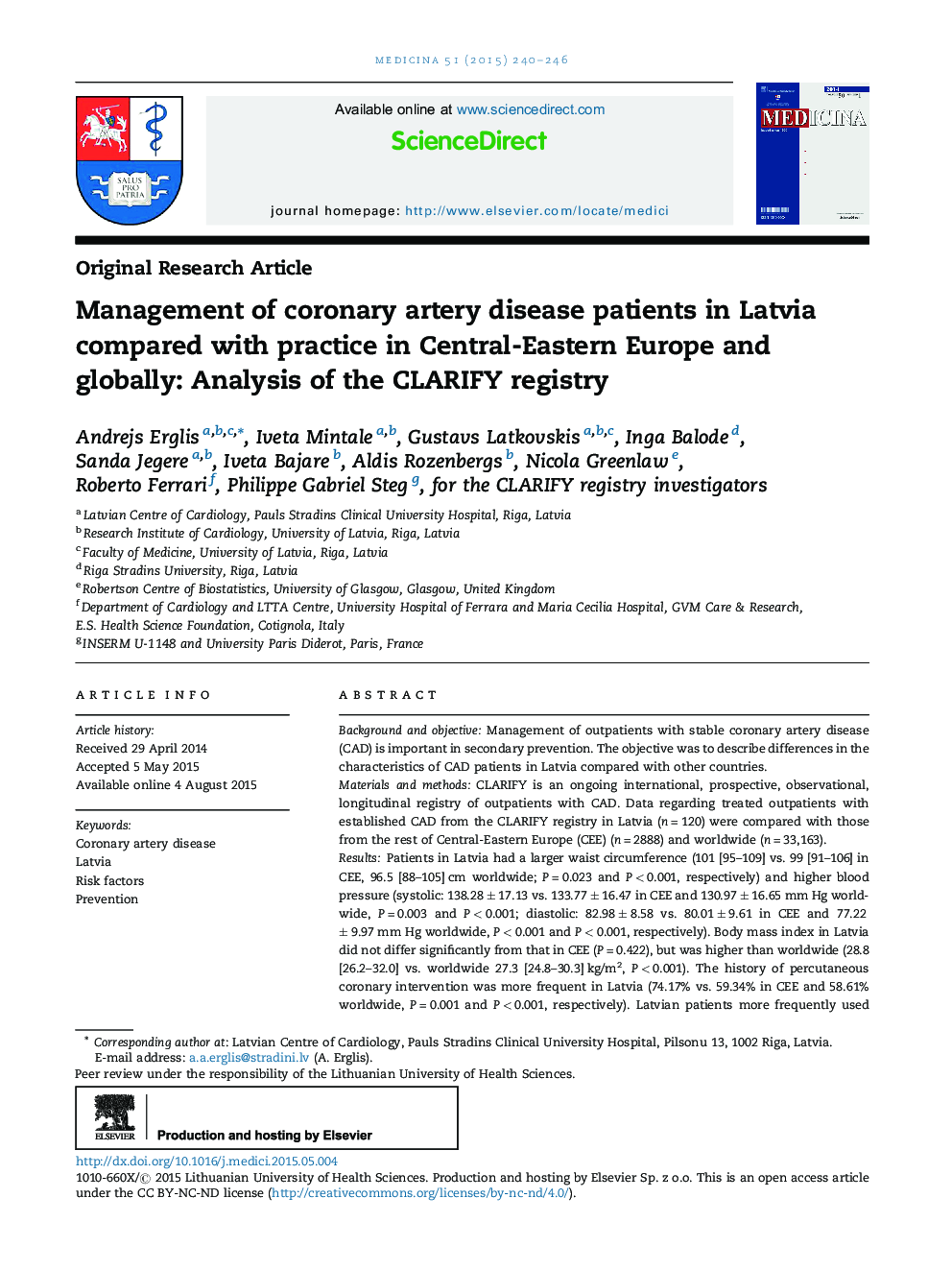 Management of coronary artery disease patients in Latvia compared with practice in Central-Eastern Europe and globally: Analysis of the CLARIFY registry 