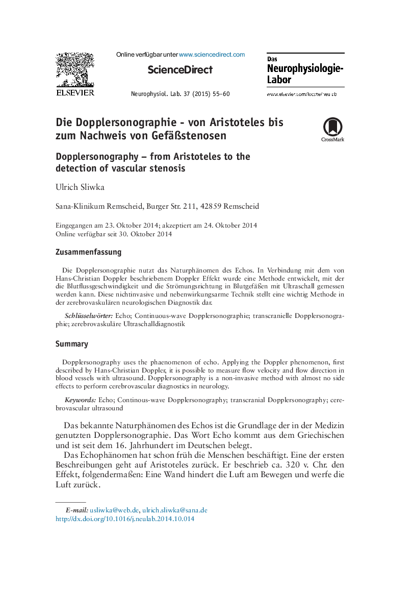 Die Dopplersonographie - von Aristoteles bis zum Nachweis von Gefäßstenosen