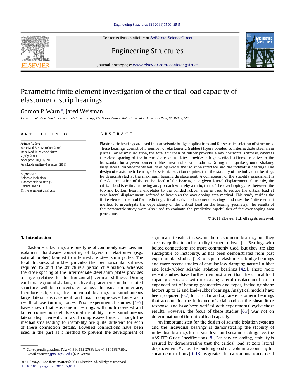 Parametric finite element investigation of the critical load capacity of elastomeric strip bearings