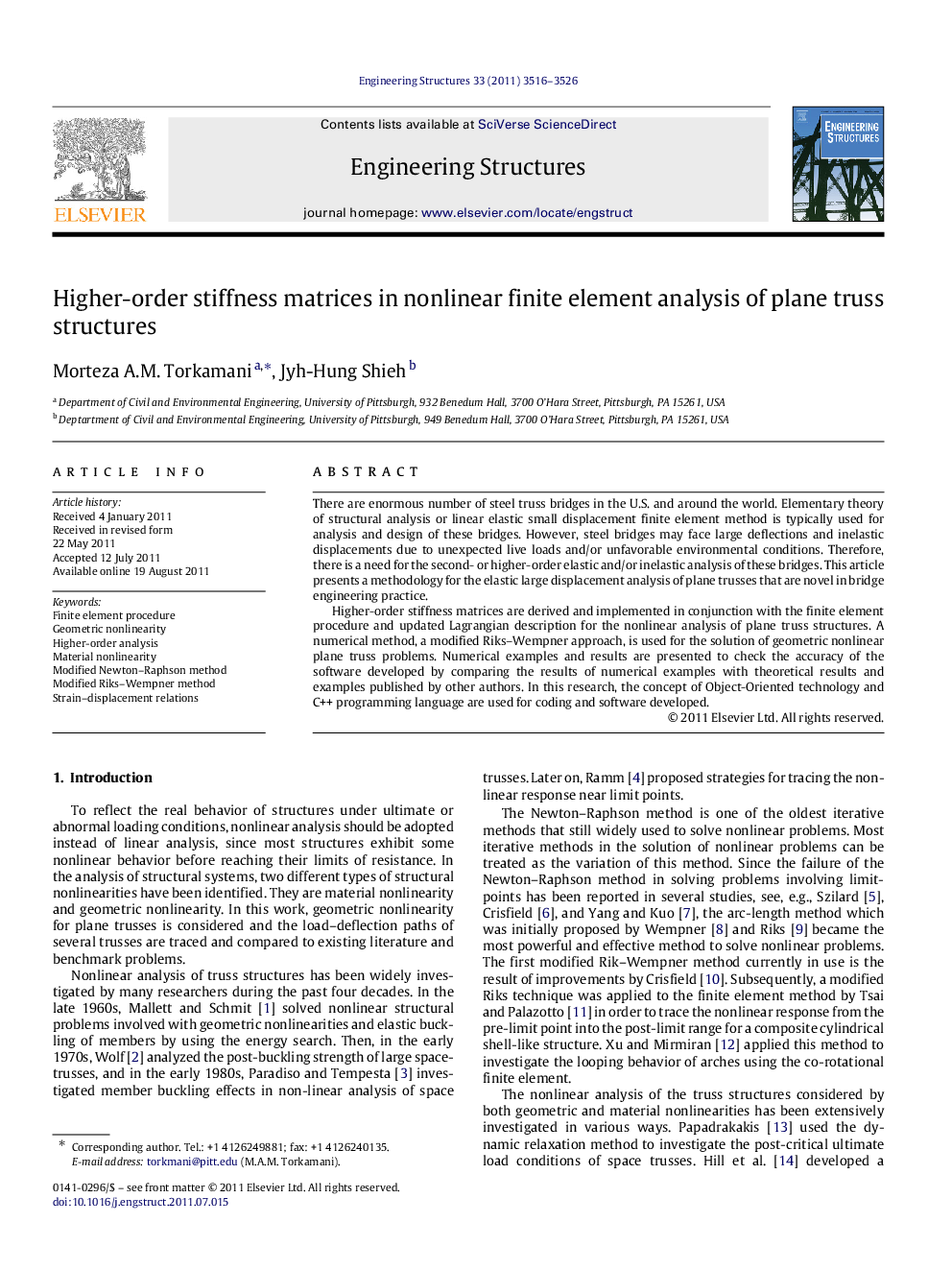 Higher-order stiffness matrices in nonlinear finite element analysis of plane truss structures